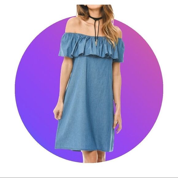 California Moonrise Blue Denim Chambray Off Shoulder Dress EUC - Picture 1 of 7
